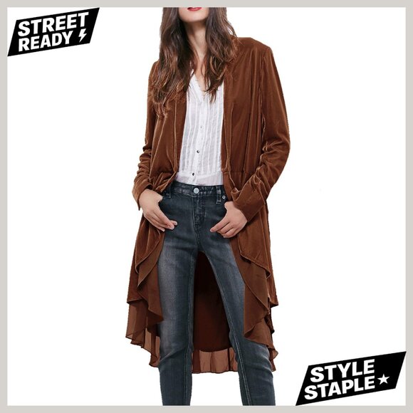 Jackets & Blazers - Long Velvet Blazer Coat with Ruffled Asymmetric Hem, Loose Fit